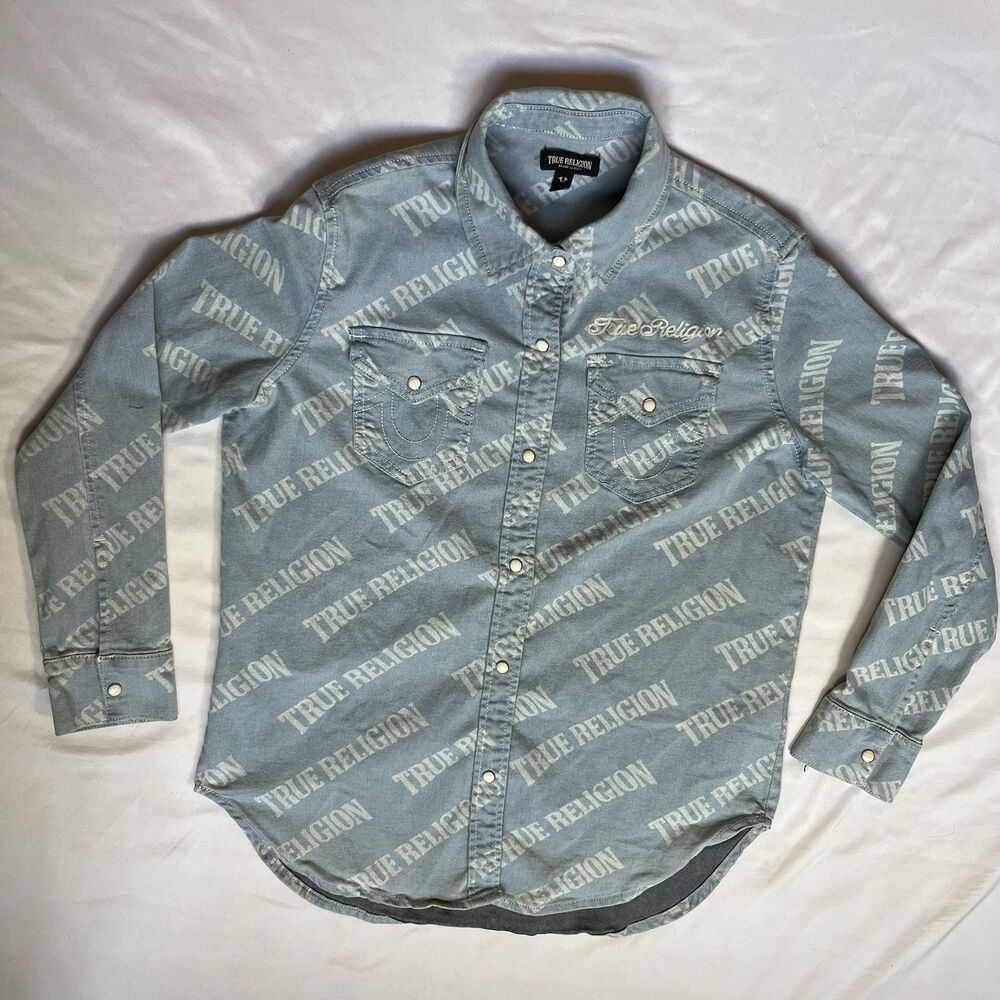 True Religion All Over Print Denim Shirt Button Up Long Sleeve L  AOP Pearl Snap